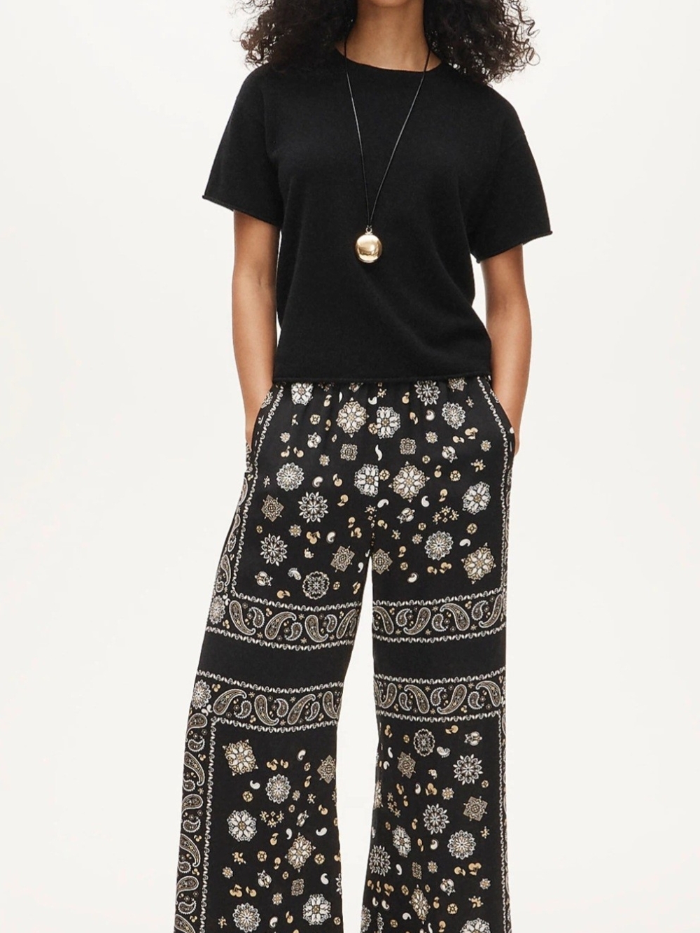 J. Crew Black Wide-Leg Printed Pants with Cream & Tan Motif